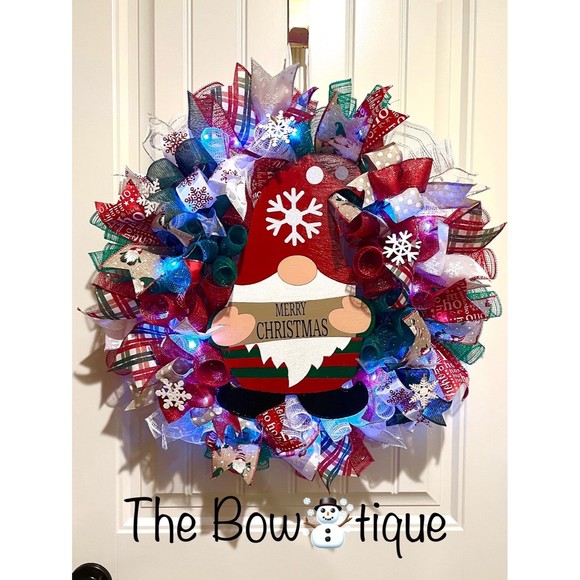 Christmas Snowflake Gnome Holiday Ribbon Door Wreath Handmade 22 ins LED W10 - Picture 1 of 12